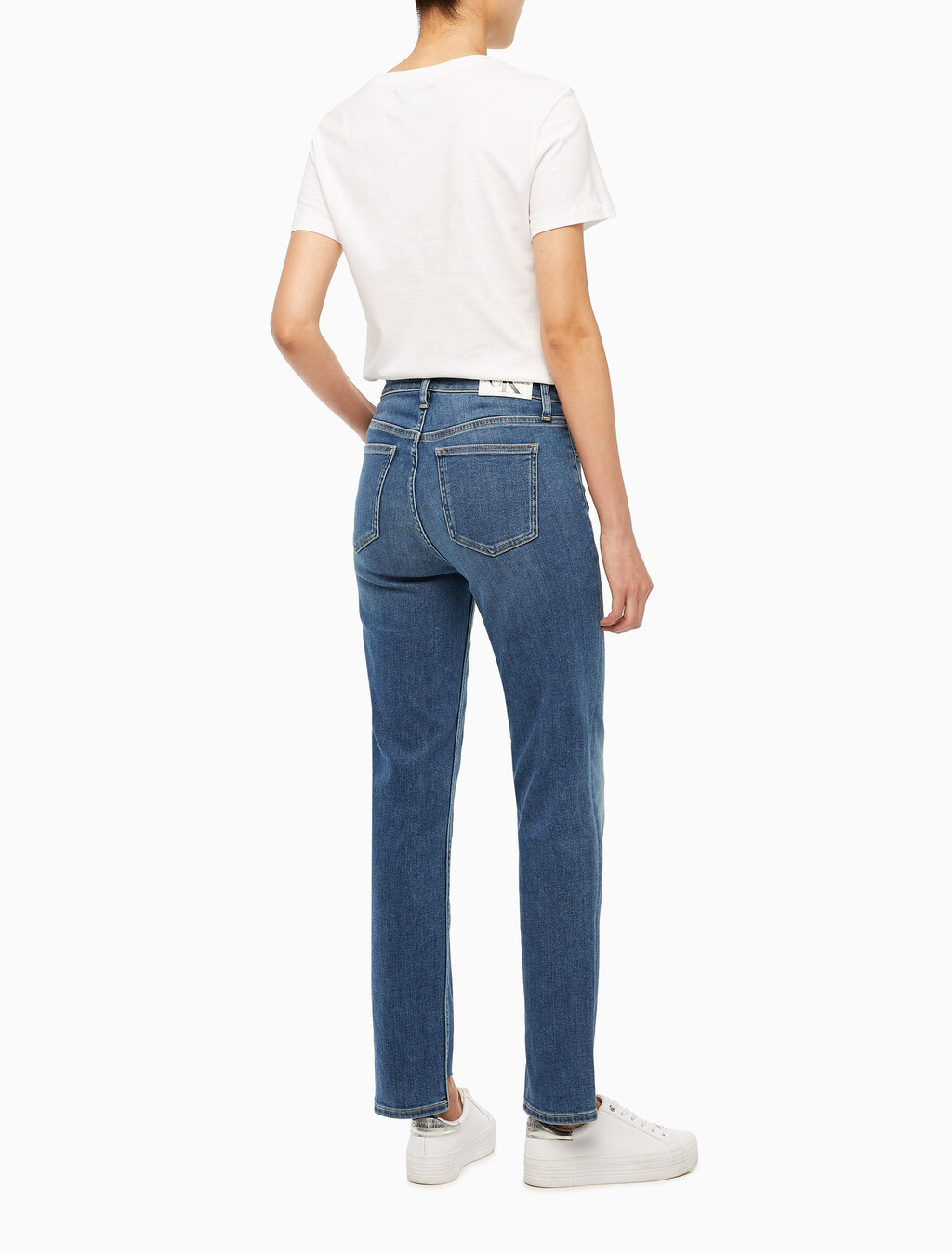 Buy 여성 하이라이즈 슬림 스트레이트핏 다크블루 데님 in color MID BLUE BACK EMBRO