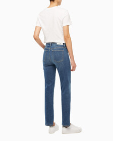 Buy 여성 하이라이즈 슬림 스트레이트핏 다크블루 데님 in color MID BLUE BACK EMBRO