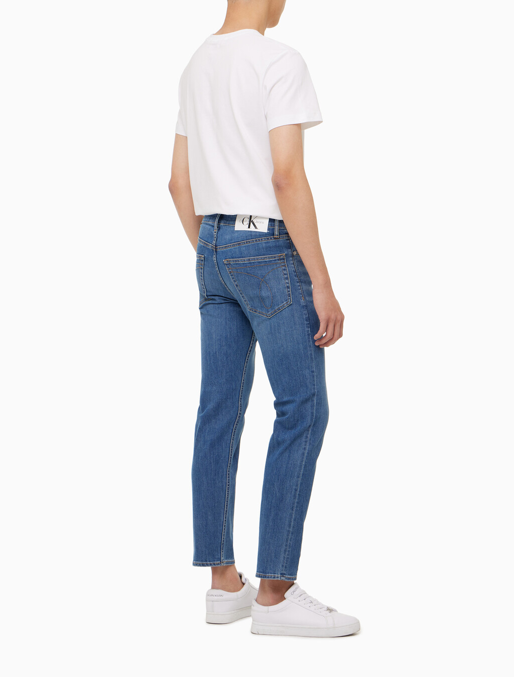 Buy 남성 슬림 스트레이트핏 미드블루 크롭 데님 in color MID BLUE BACK EMBRO