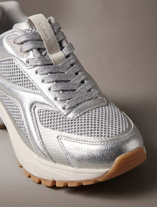 Buy 여성 하이크 러너 CK 스트라이프 메쉬 레더 메탈 스니커즈 in color Silver/Dk Ecru/Light Gum