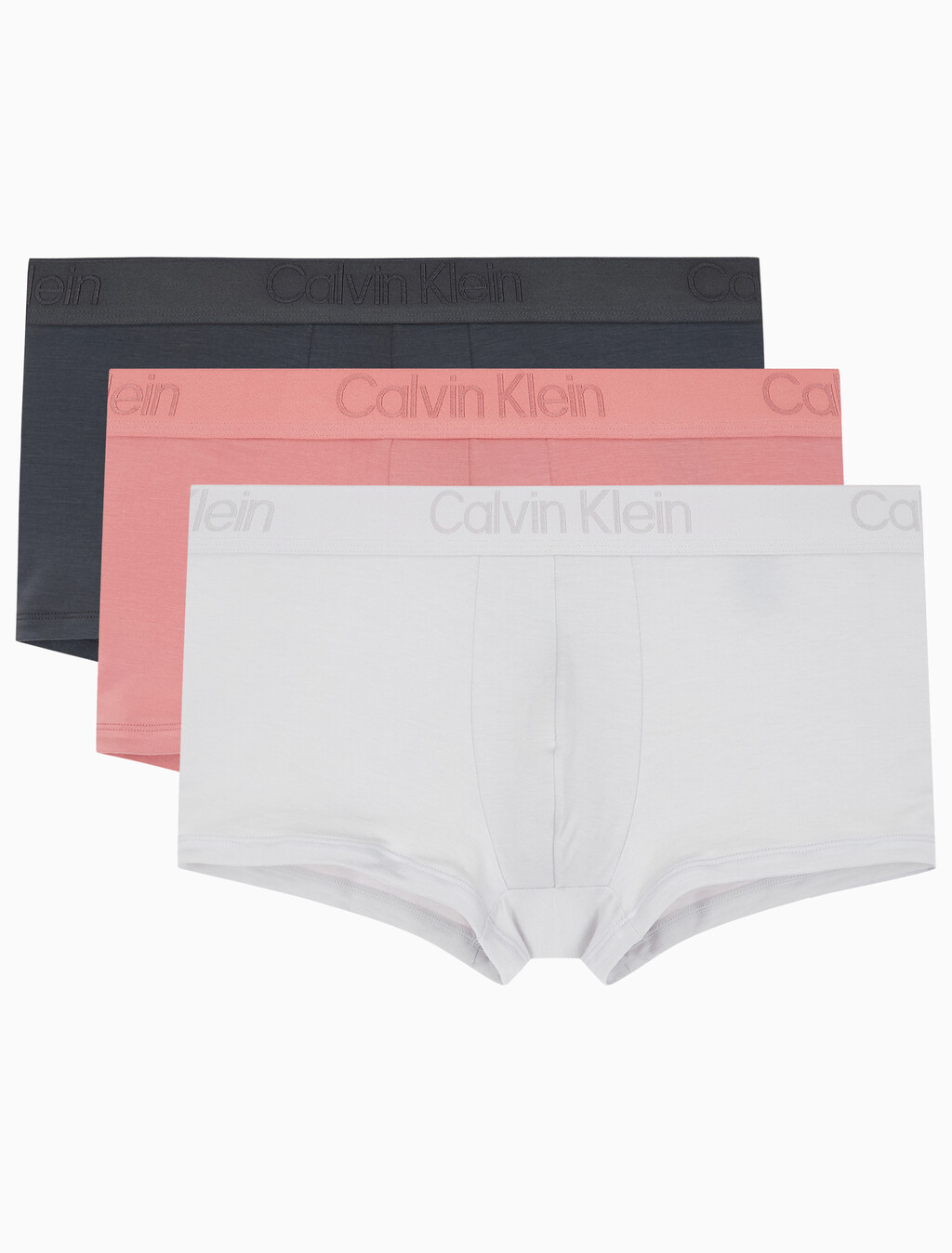 Buy 남성 CK 블랙 3PK 로우 라이즈 트렁크 in color Charcoal / Dark Pink / White