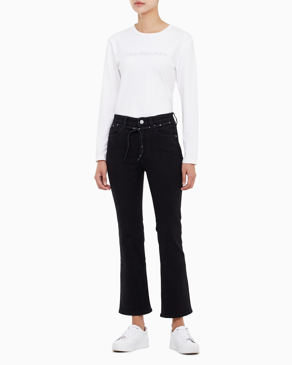 Buy 여성 하이라이즈 바디 부츠핏 앵클 블랙 기모 데님 in color WASHED BLACK LOGO LACE