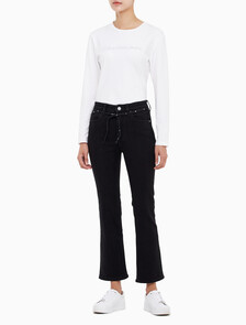 Buy 여성 하이라이즈 바디 부츠핏 앵클 블랙 기모 데님 in color WASHED BLACK LOGO LACE