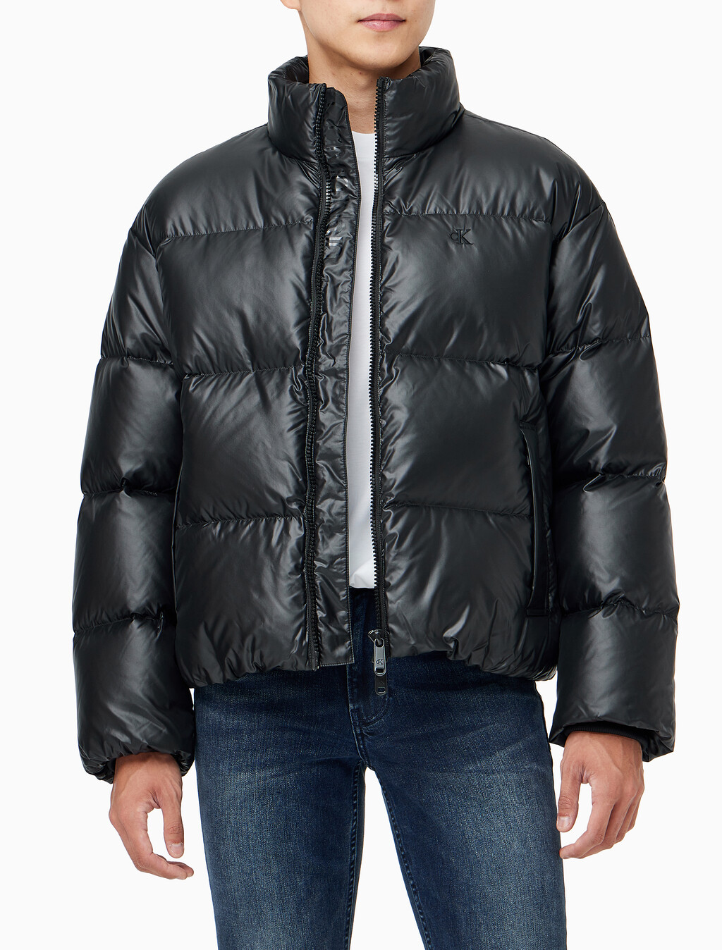 Buy 남녀공용 스탠드 카라 글로시 다운 푸퍼 자켓 in color CK BLACK