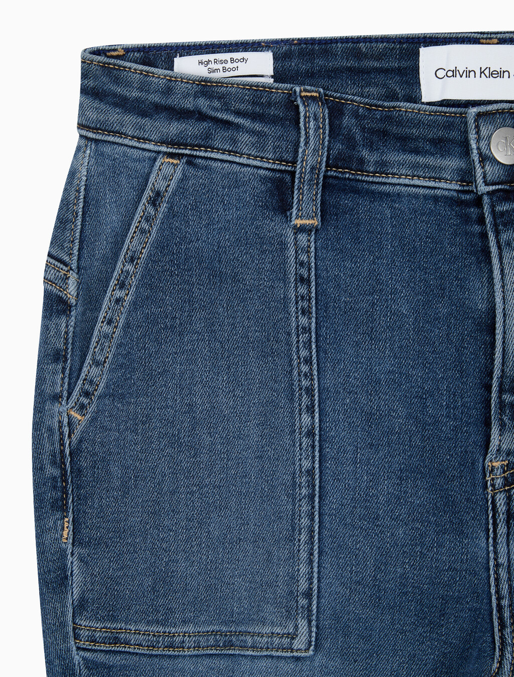 Buy 여성 하이라이즈 슬림 부츠핏 앵클 미드블루 이탈리안 데님 in color MID BLUE BACK EMBRO