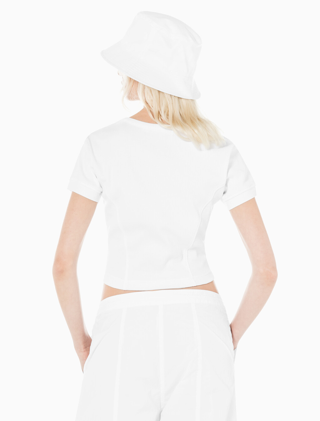 Buy 여성 엠보스 로고 U넥 크롭 반팔 티셔츠 in color BRIGHT WHITE