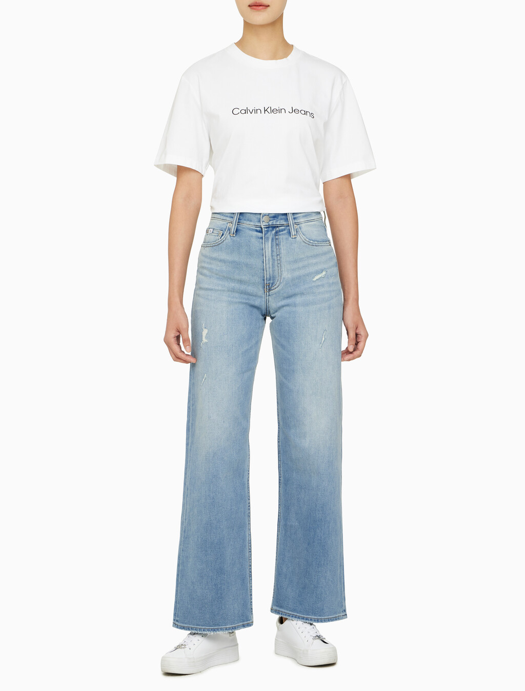 Buy 여성 하이라이즈 와이드핏 라이트블루 37.5 기능성 데님 in color CHALKY BLUE