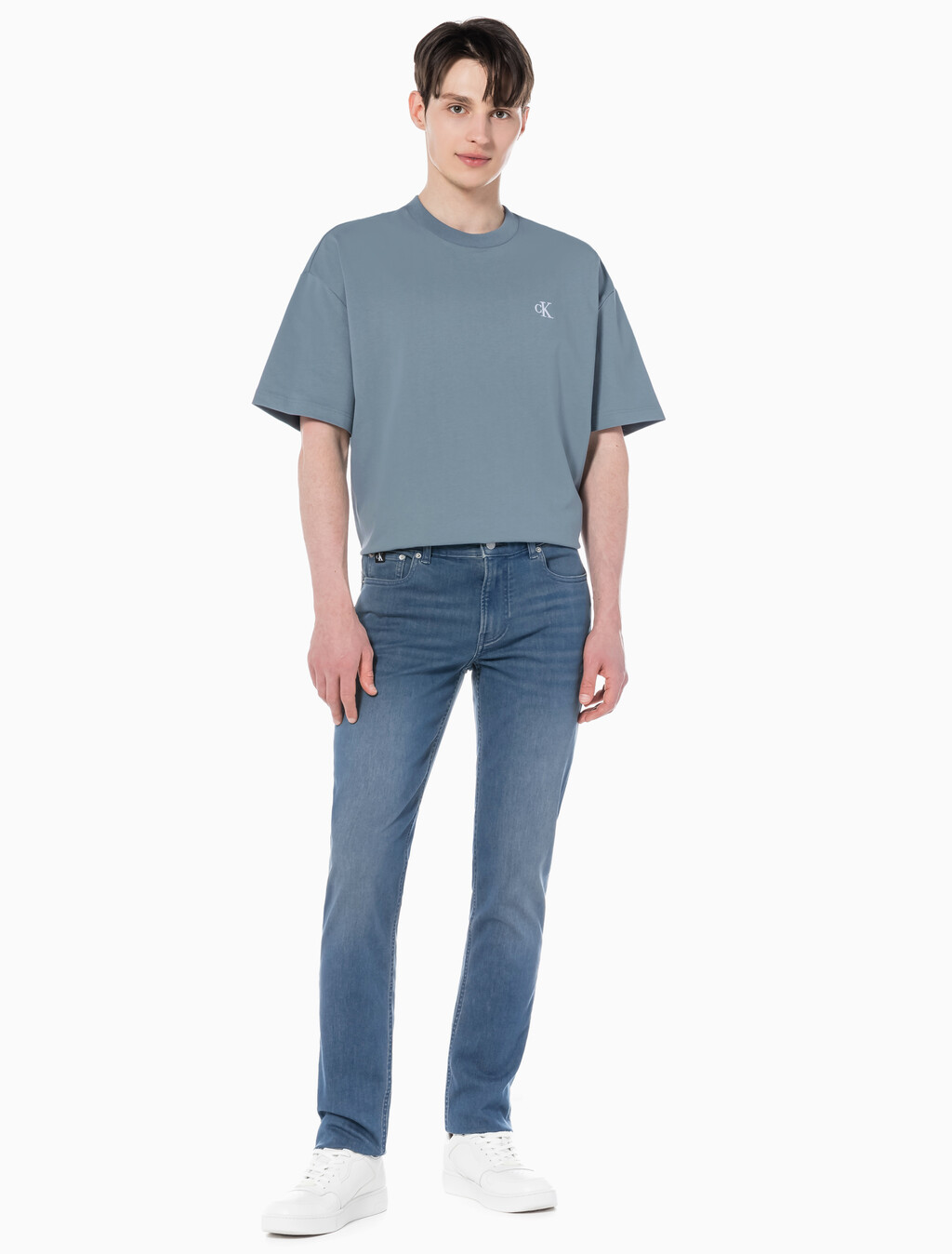 Buy 남성 바디핏 블루그레이 데님 in color GREY STEPPED RELEASE HEM