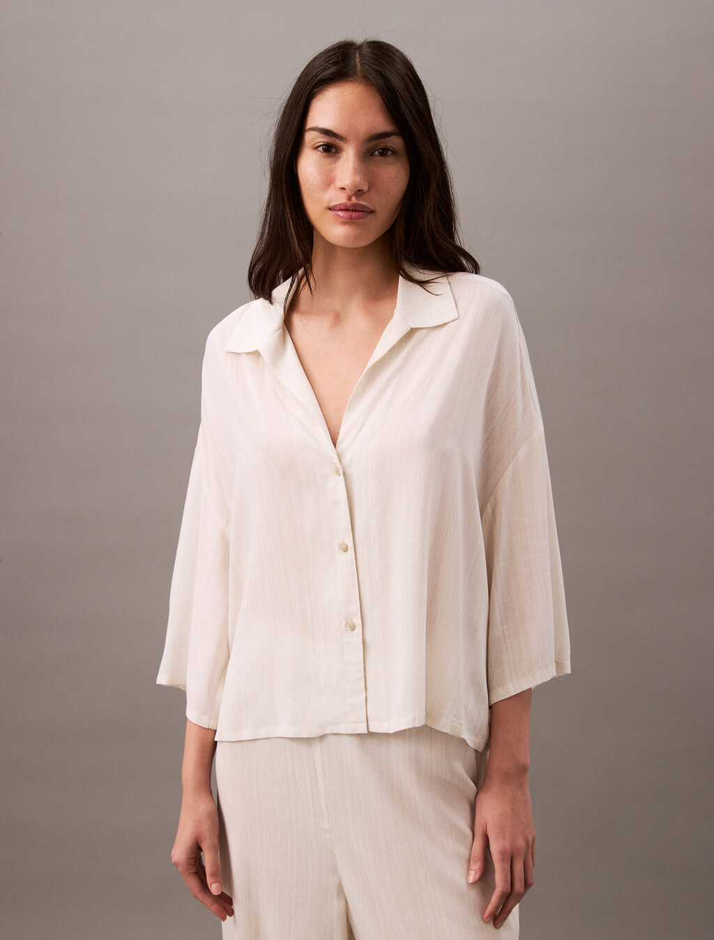 Buy 여성 우븐 비스코스 반팔 셔츠 in color TEXTURED STRIPE PELICAN