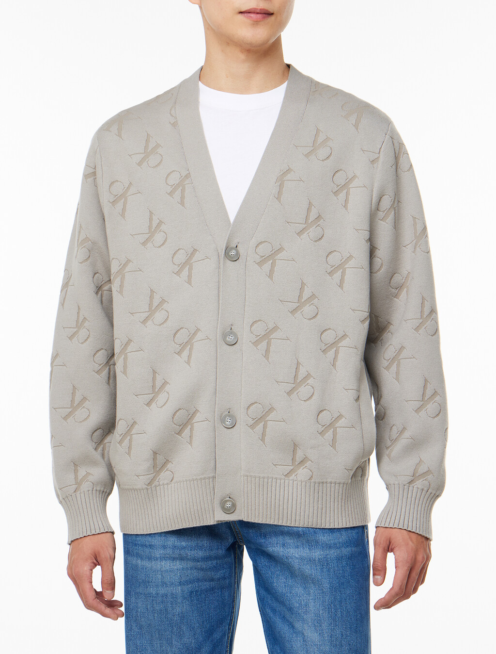 Buy 남성 릴렉스핏 AOP 캐시미어 가디건 in color KHAKI BEIGE