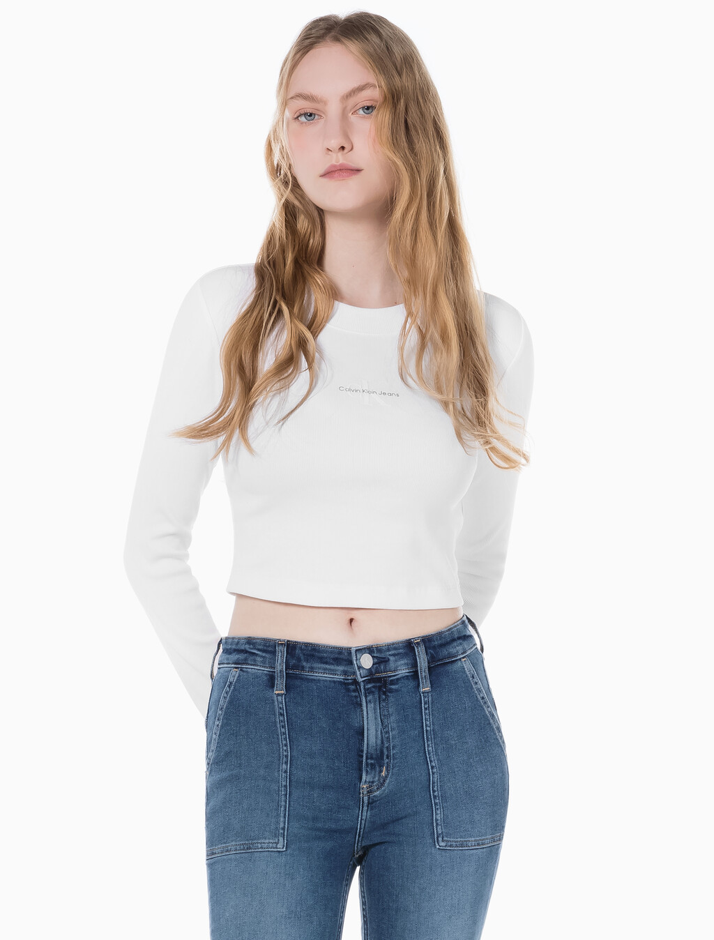 Buy 여성 롱슬리브 모노그램 베이비 티 in color BRIGHT WHITE