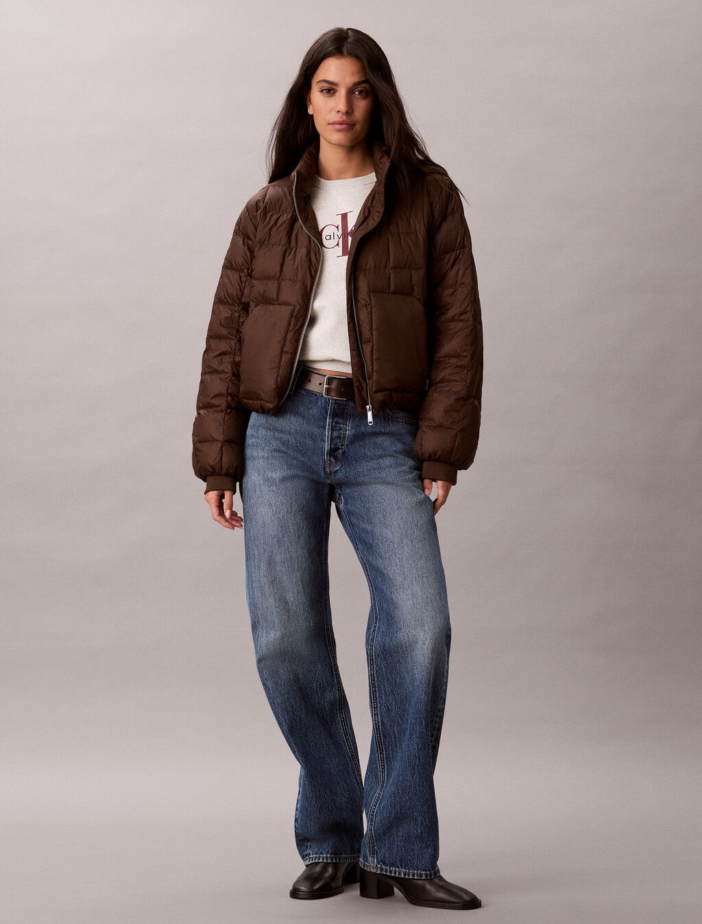 Buy 여성 구스다운 숏 푸퍼 자켓 in color Brown