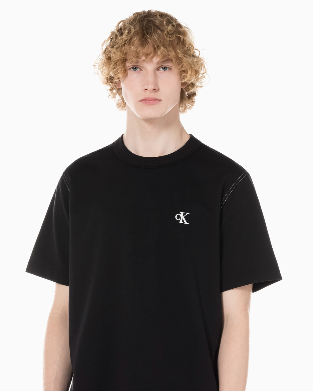 Buy 남성 레귤러핏 테리코튼 그래픽 반팔 스웨트셔츠 in color CK BLACK
