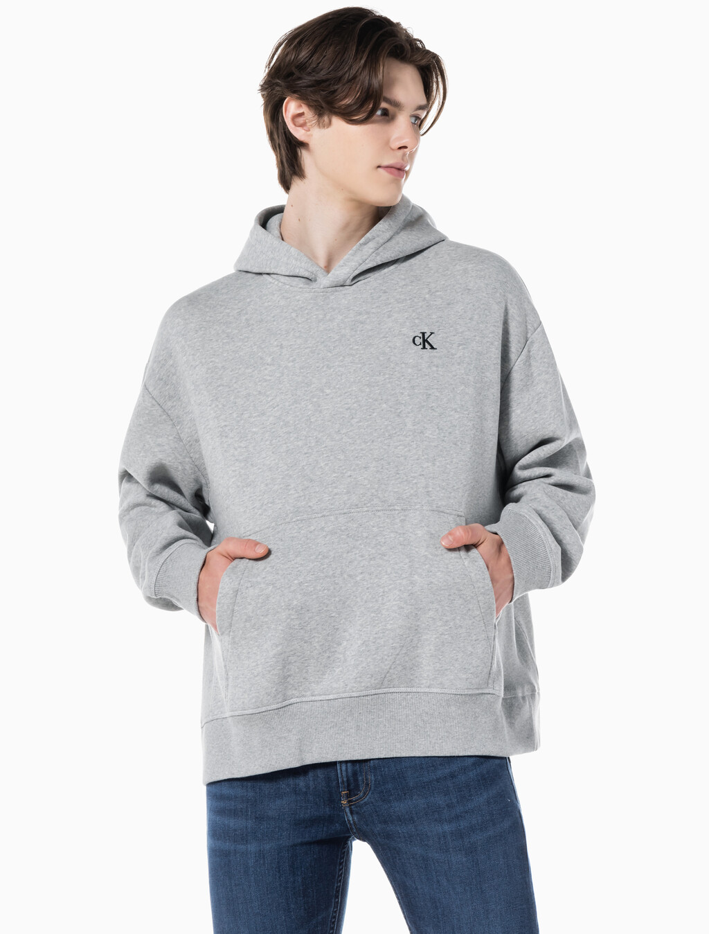Buy 남성 아카이브 릴렉스핏 CK 스몰 로고 기모 후디 in color GREY HEATHER