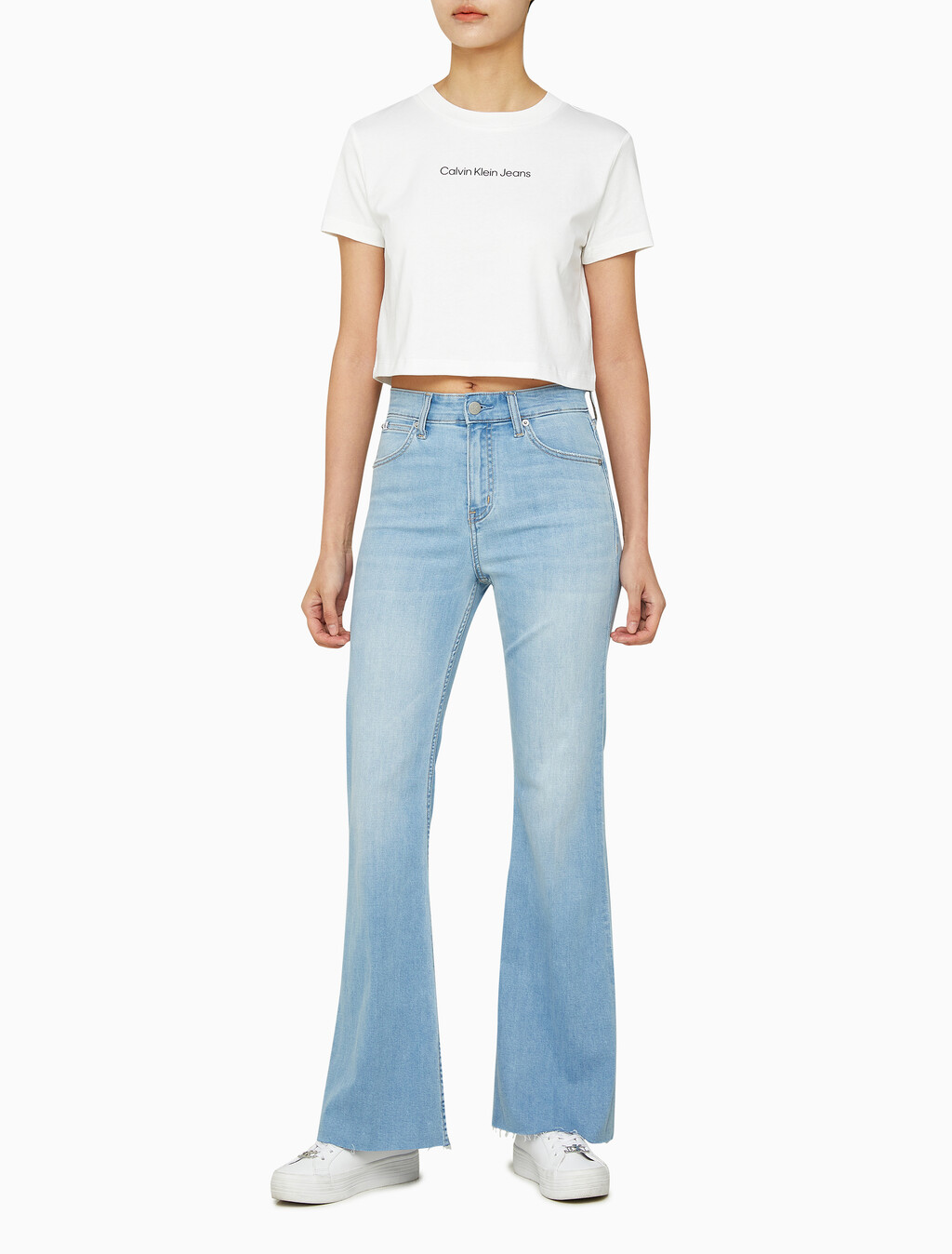 Buy 여성 하이라이즈 플레어핏 라이트블루 37.5 기능성 데님 in color CHALKY BLUE