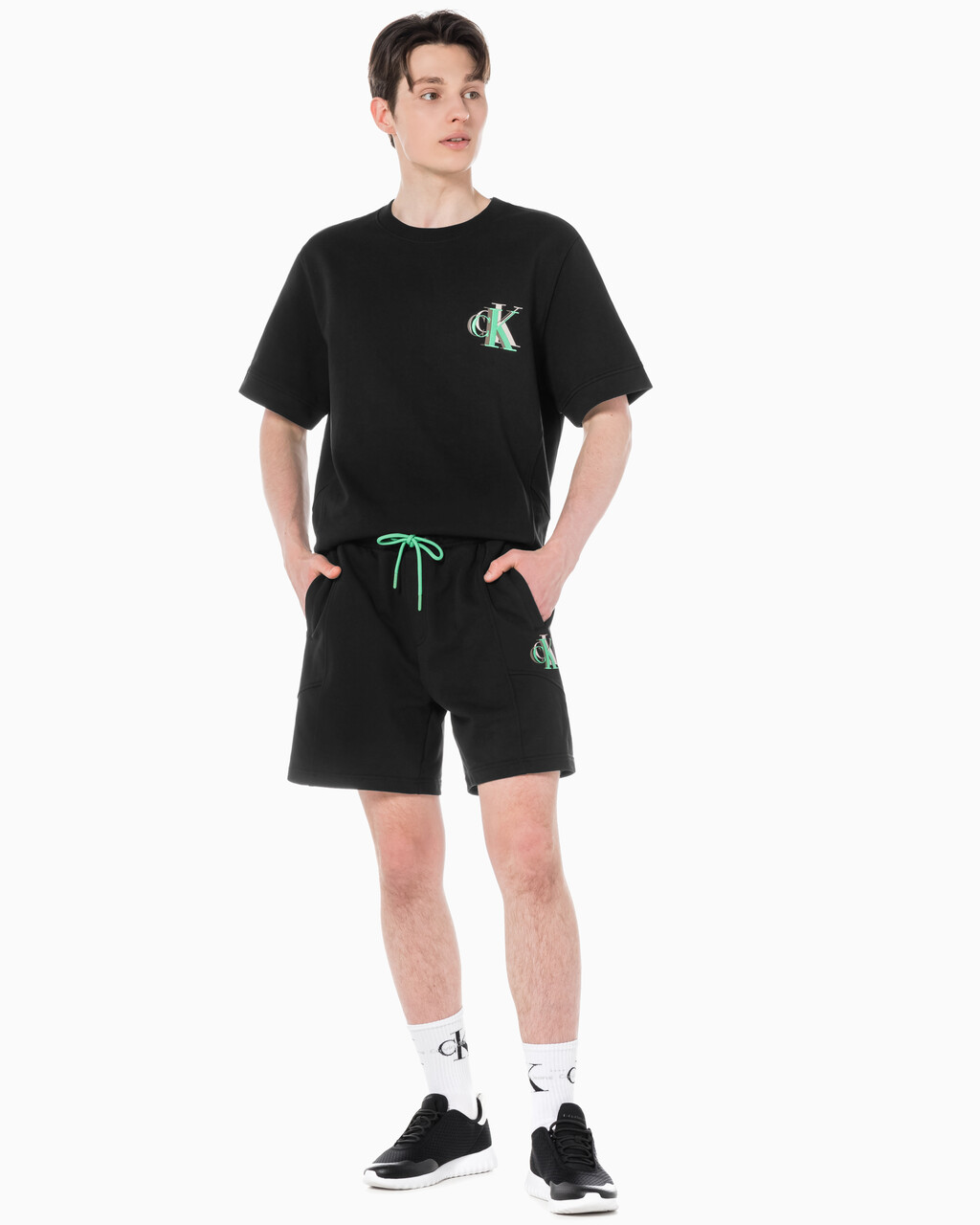 Buy 남성 시즈널 트리플 모노그램 스웨트 쇼츠 in color CK BLACK