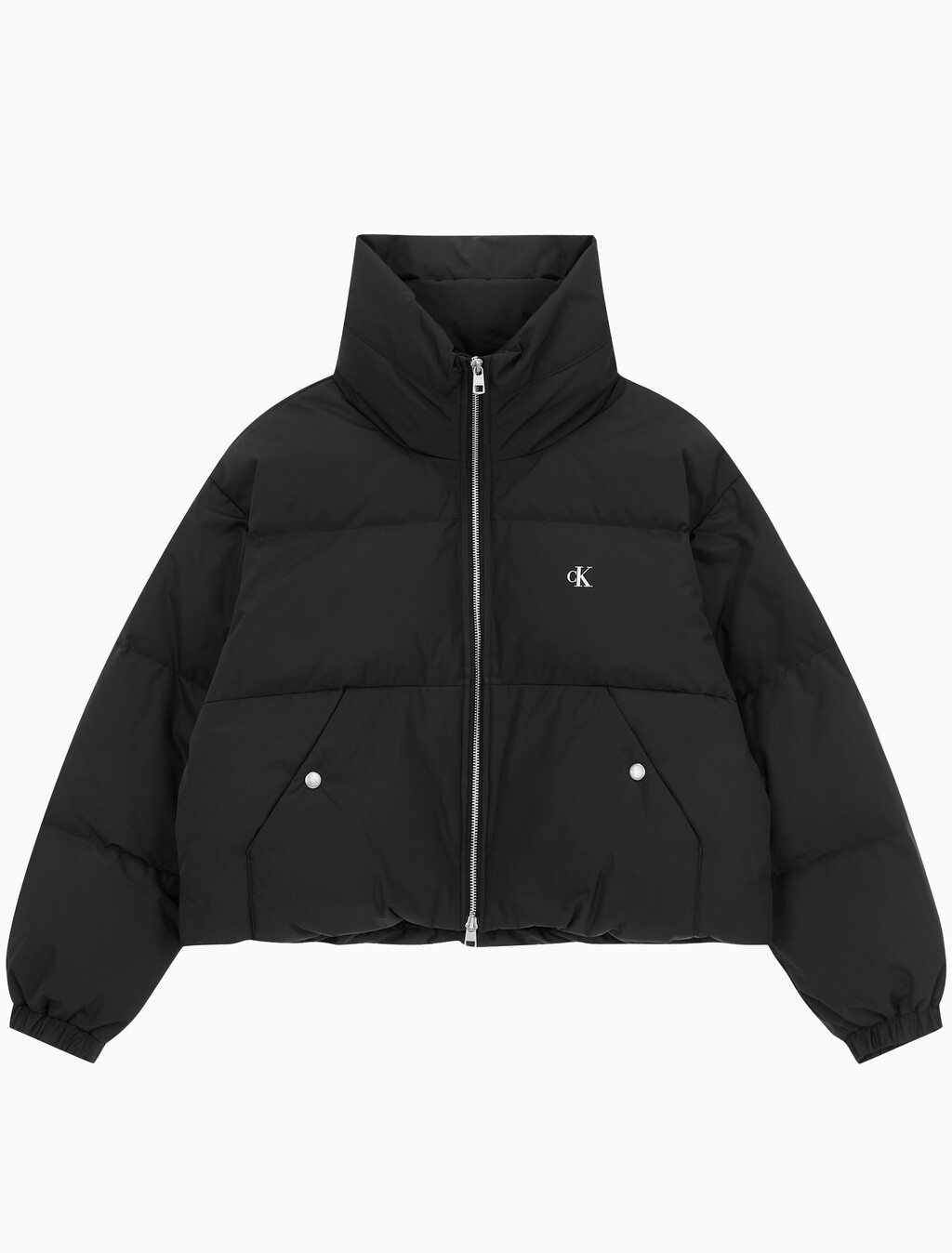 Buy 여성 볼륨 넥 크롭 다운 푸퍼 in color CK BLACK