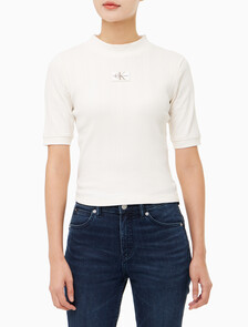 Buy 여성 모노그램 로고 뱃지 립 슬림핏 반팔 티셔츠 in color WHITE