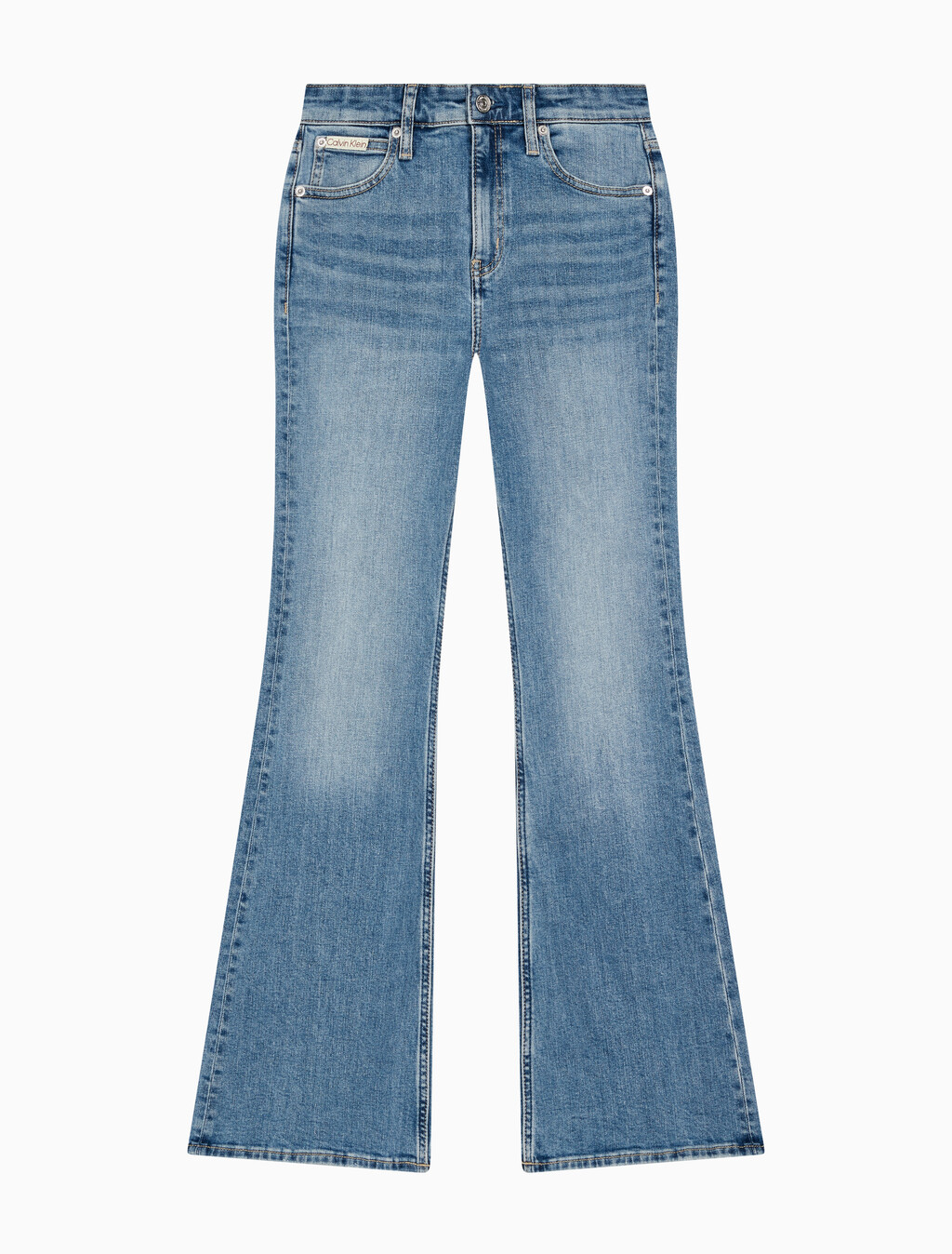 Buy 여성 하이라이즈 플레어핏 미드블루 이탈리안 데님 in color MID BLUE BACK EMBRO