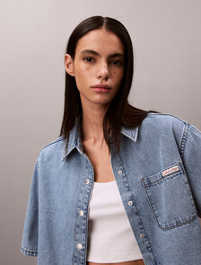 Buy 여성 박시 크롭 데님 셔츠 in color Mid blue