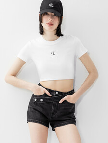 Buy 여성 하이라이즈 블랙 데님 쇼츠 in color WASHED BLACK LOGO LACE