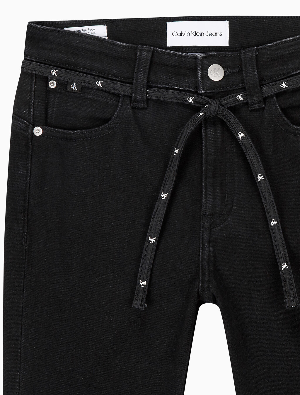 Buy 여성 하이라이즈 바디 부츠핏 앵클 블랙 기모 데님 in color WASHED BLACK LOGO LACE