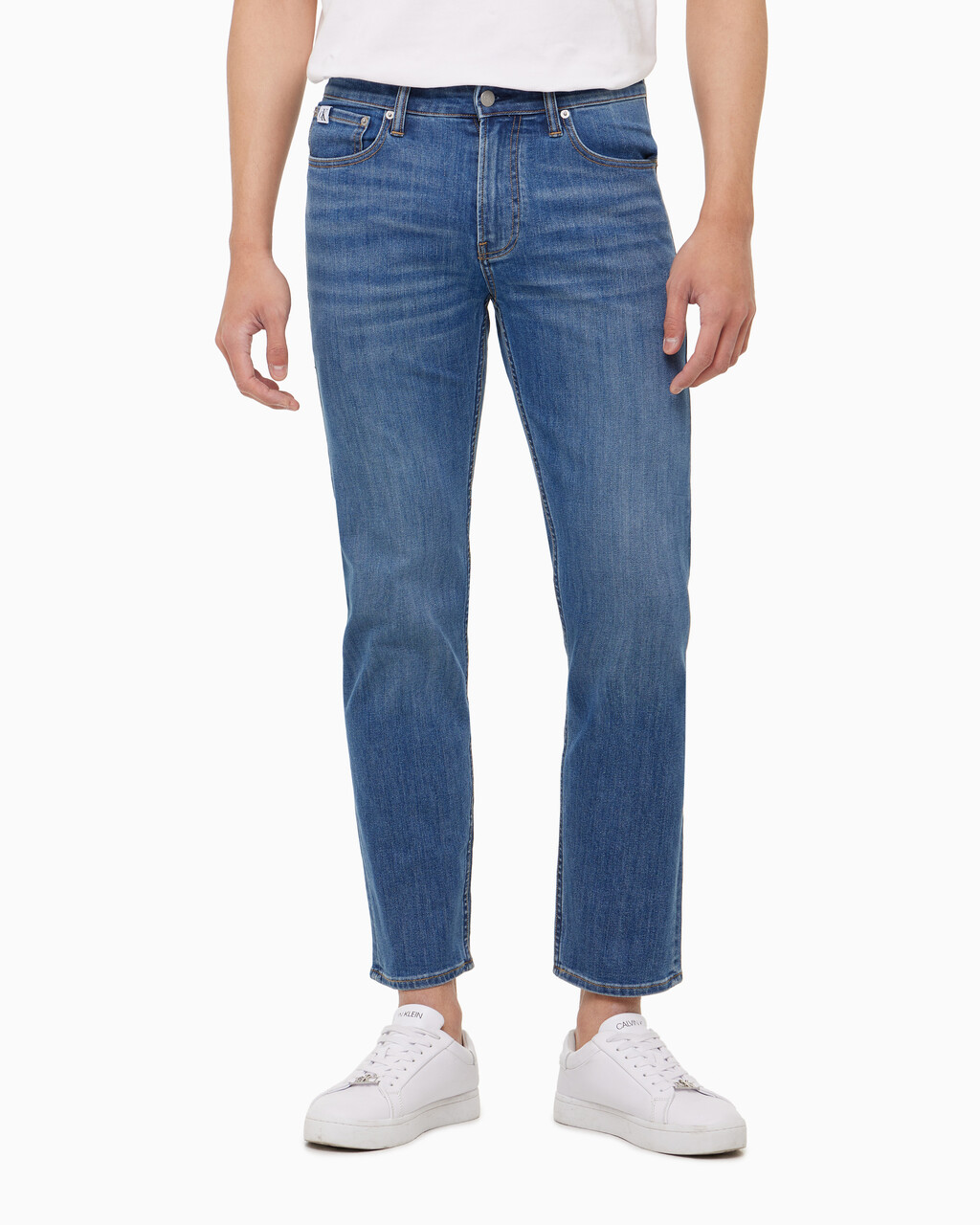 Buy 남성 슬림 스트레이트핏 미드블루 크롭 데님 in color MID BLUE BACK EMBRO