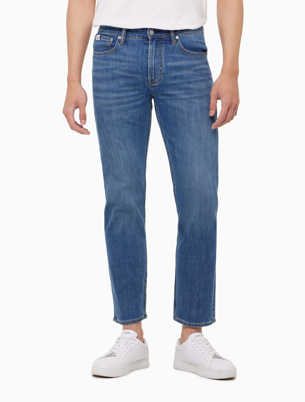 Buy 남성 슬림 스트레이트핏 미드블루 크롭 데님 in color MID BLUE BACK EMBRO