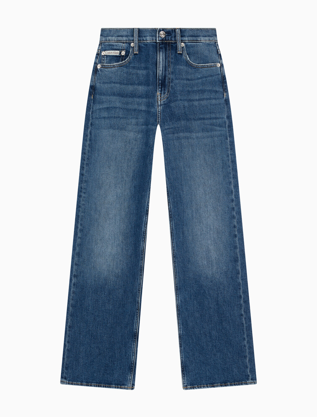 Buy 여성 하이라이즈 와이드핏 미드블루 데님 in color MID BLUE BACK EMBRO