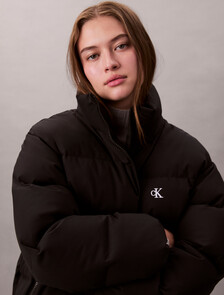 Buy 여성 미드 랭스 후드 다운 in color BLACK