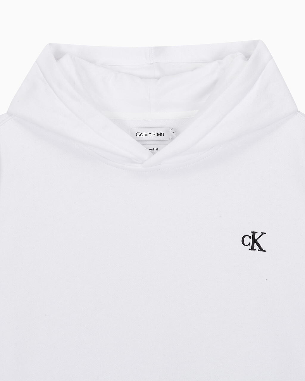 Buy 남성 아카이브 릴렉스핏 CK 스몰 로고 기모 후디 in color BRILLIANT WHITE
