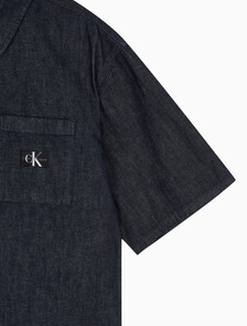Buy 남성 캠프 반팔 데님 셔츠 in color BLUE BLACK HANGER LOOP