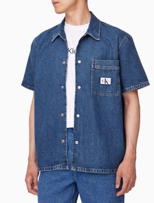 Buy 남성 데님 캠프 반팔 셔츠 in color MID BLUE BACK EMBRO