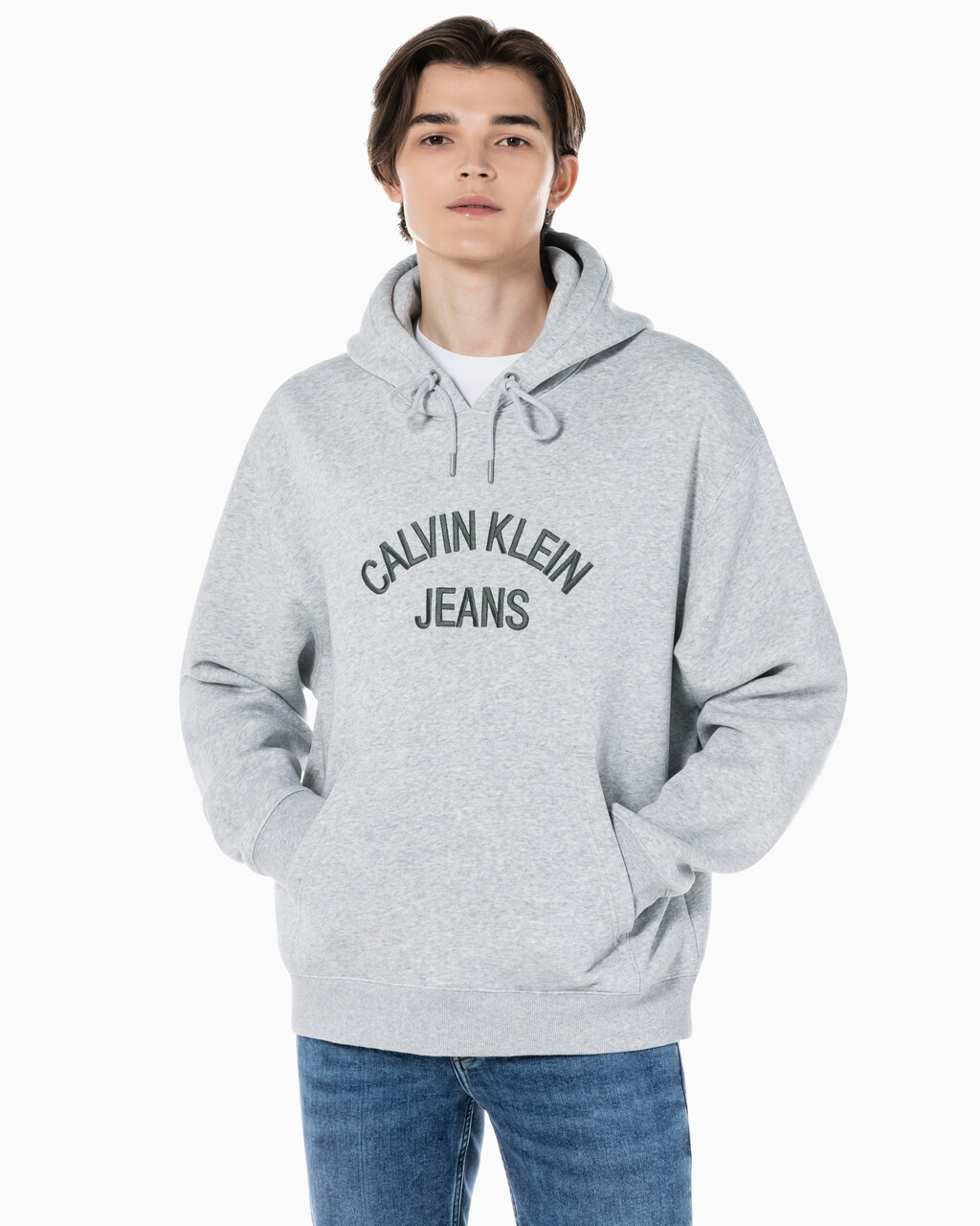 Buy 남녀공용 커브드로고 후디 in color LIGHT GREY HEATHER