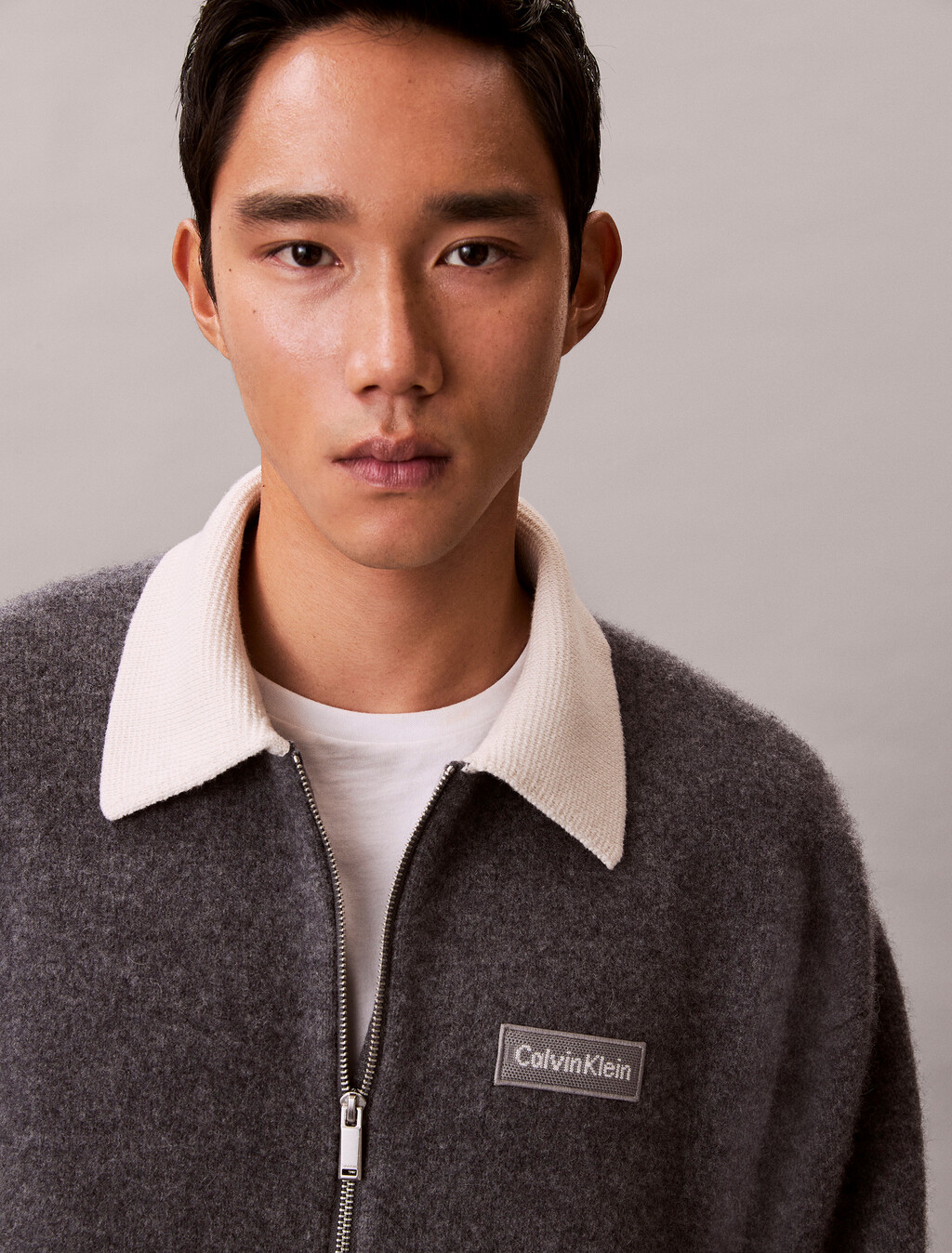 Buy 남성 모일드 메리노 울 콘트라스트 카라 풀집 가디건 in color MEDIUM GREY HEATHER