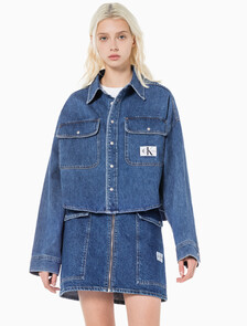 Buy 여성 오버사이즈핏 미드블루 크롭 데님 재킷 in color MID BLUE BACK EMBRO