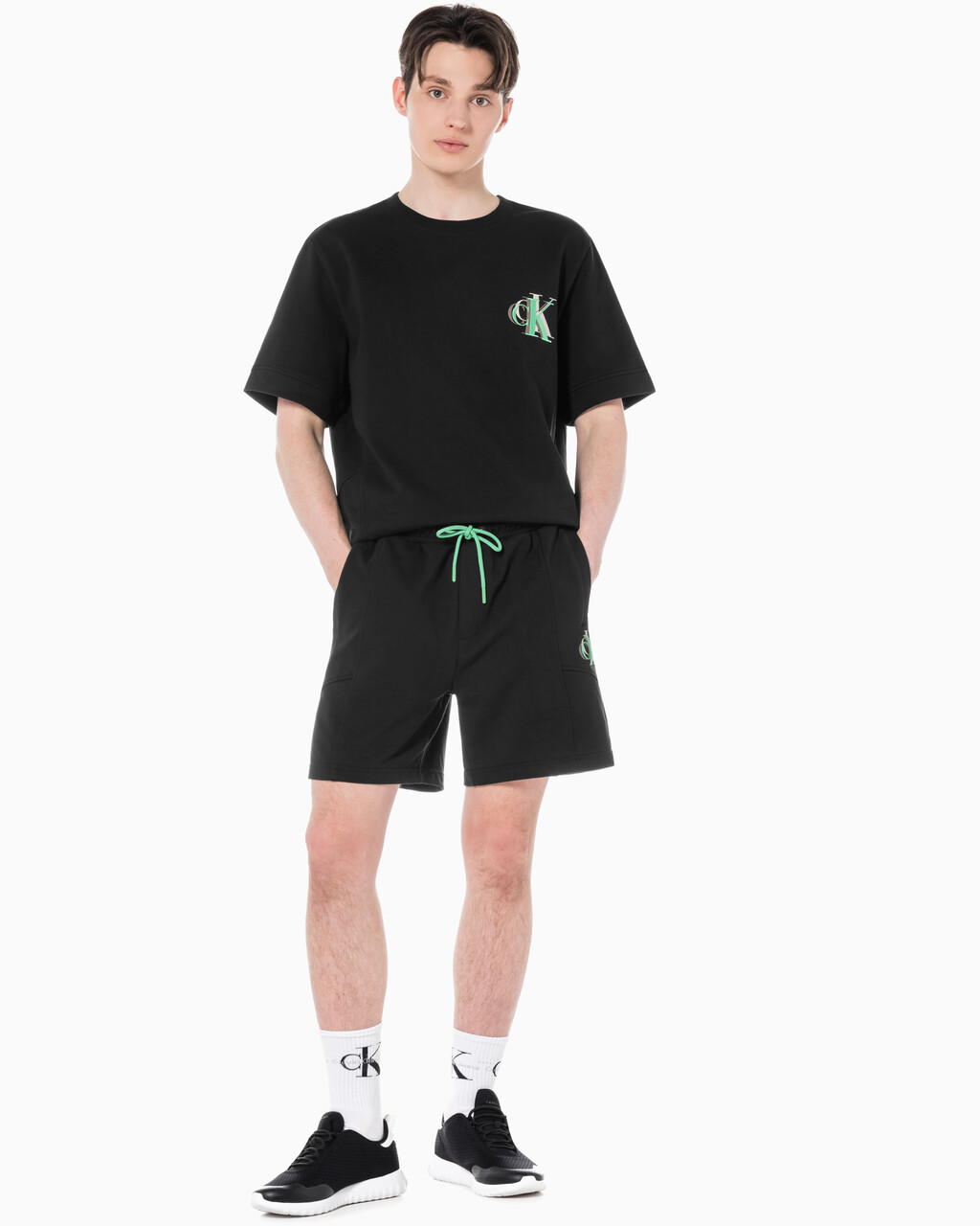 Buy 남성 시즈널 트리플 모노그램 스웨트 쇼츠 in color CK BLACK