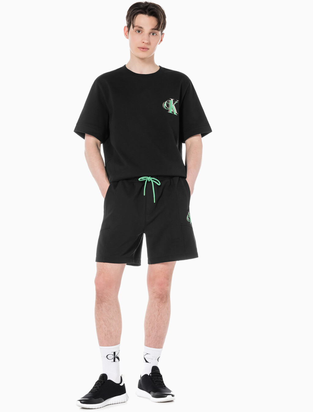 Buy 남성 시즈널 트리플 모노그램 스웨트 쇼츠 in color CK BLACK
