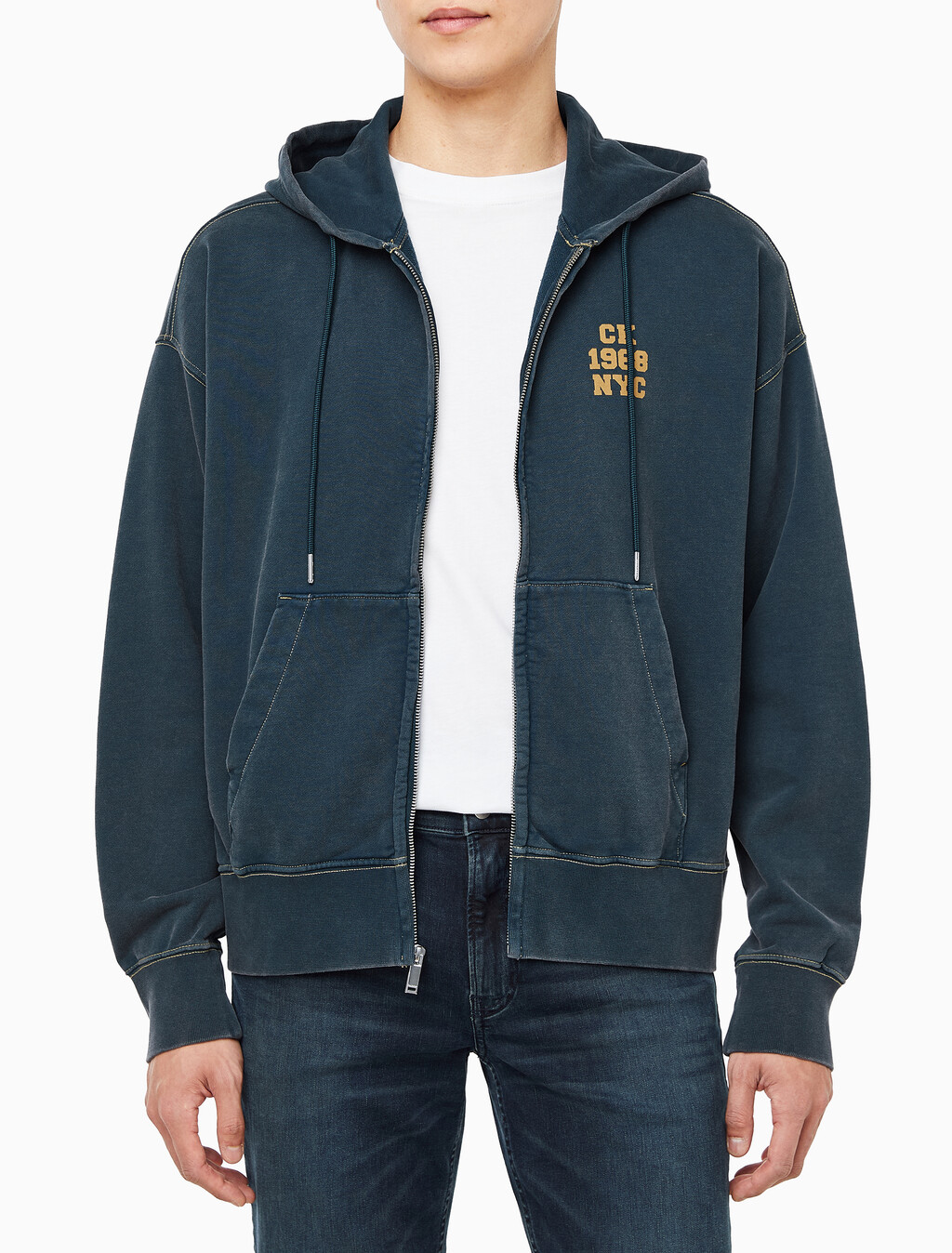 Buy 남성 워시드 프리미엄 빈티지 로고 후드집업 in color Navy