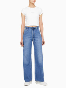 Buy 여성 하이라이즈 와이드핏 미드블루 텐셀 데님 in color MID BLUE BACK EMBRO