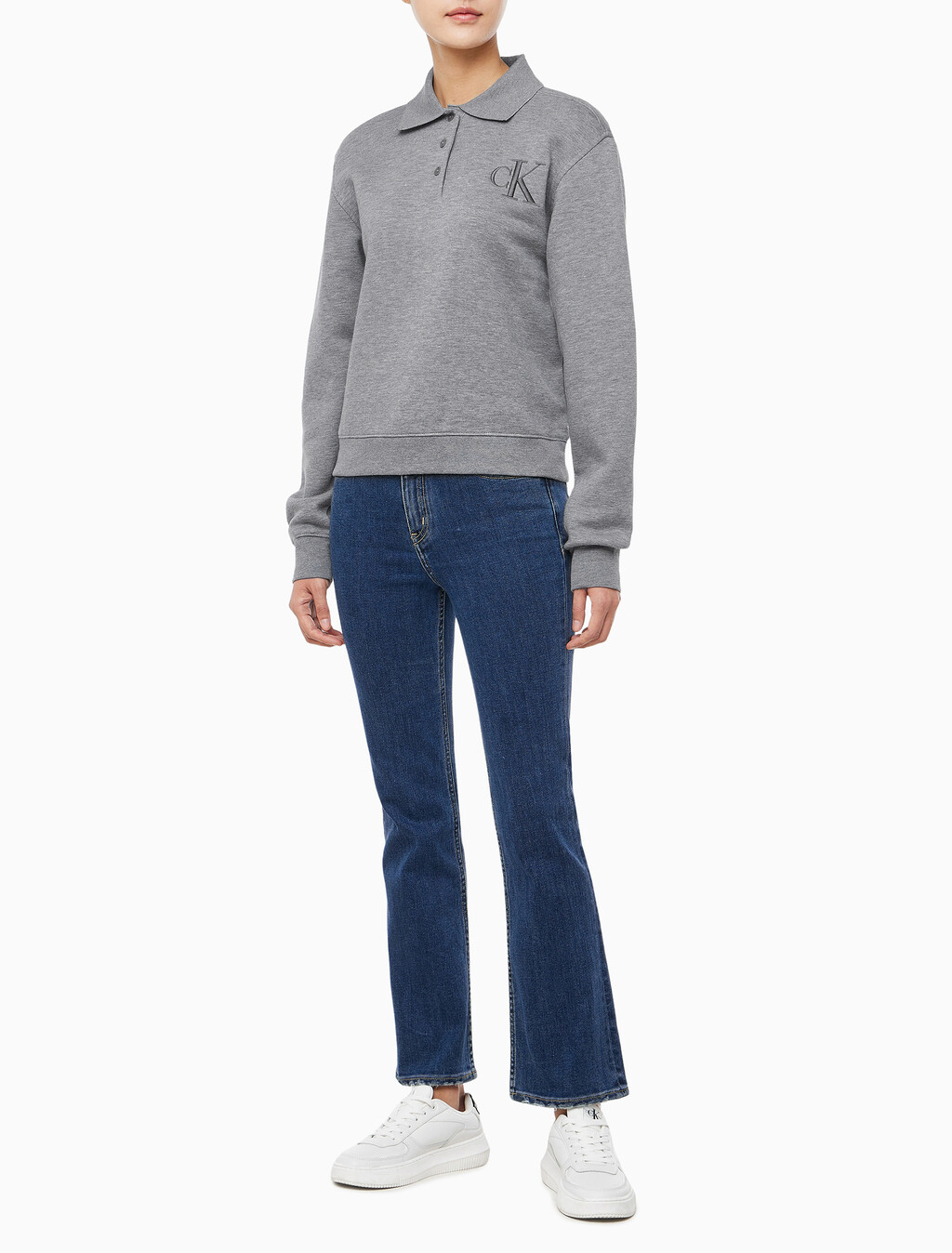 Buy 여성 코튼 모달 플리스 폴로 스웻셔츠 in color MEDIUM GREY HEATHER