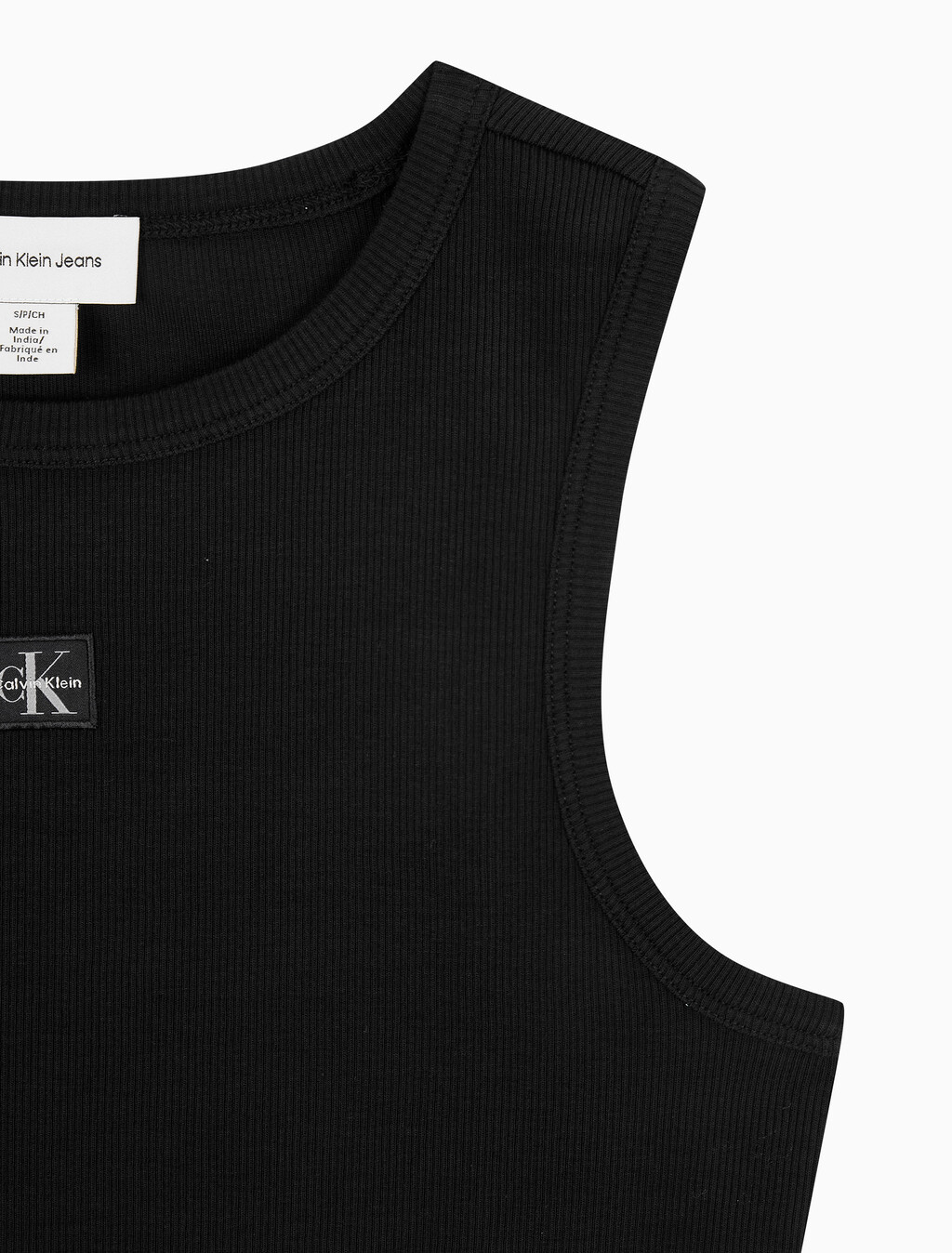 Buy 여성 우븐라벨 코튼 립 탱크 탑 in color BLACK