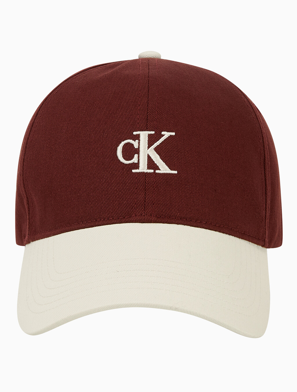 Buy 남녀공용 CKJ 스몰 모노그램 로고 컬러블락 볼캡 in color Burgandy