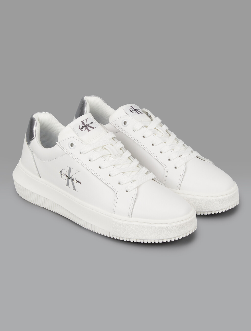 Buy 여성 말모 레더 청키 컵솔 스니커즈 in color WHITE/CIRRUS GREY/BLACK