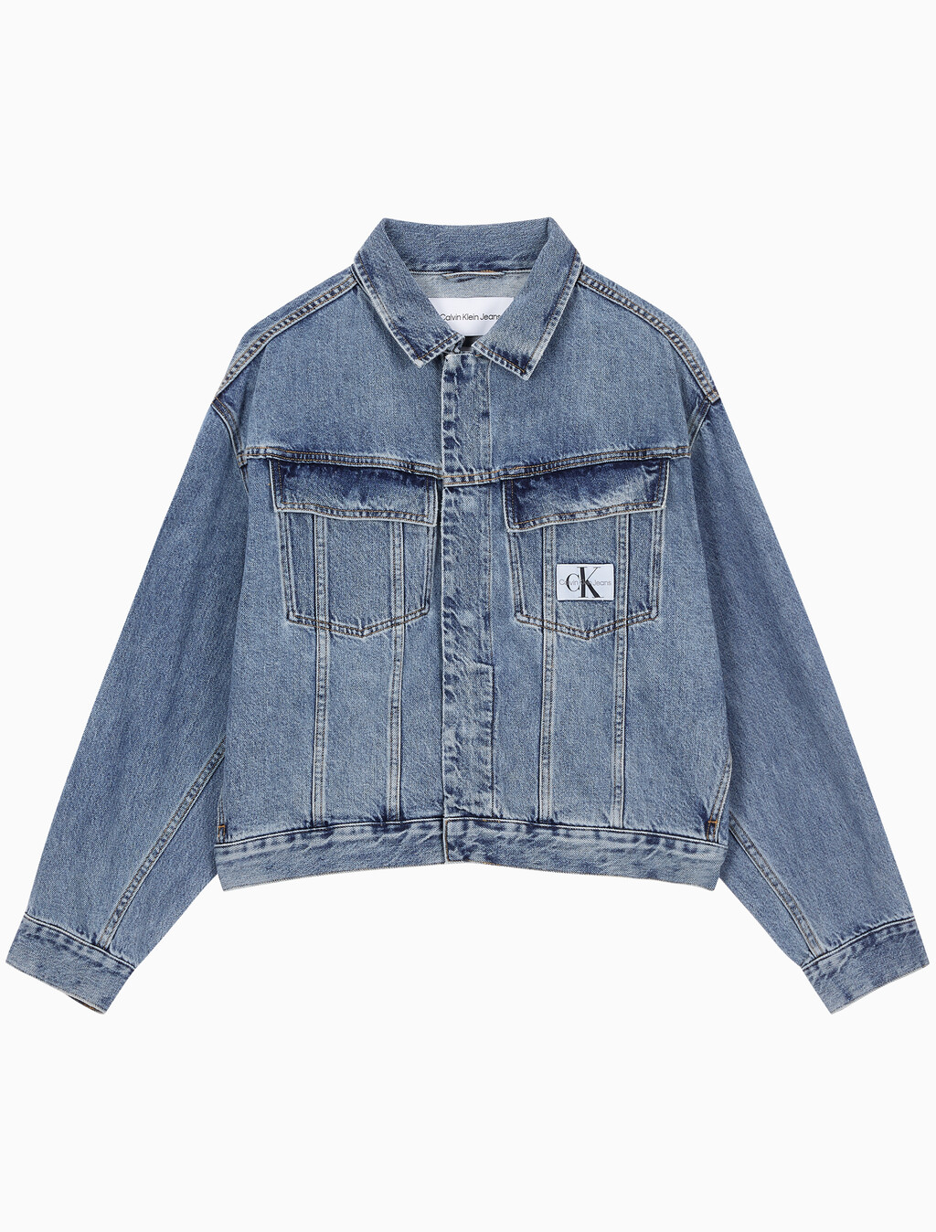 Buy 남성 박시 데님 자켓 in color MID BLUE BACK EMBRO