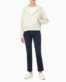 Buy 여성 릴렉스핏 CK 스몰 로고 크롭 기모 후드 집업 in color VANILLA HEATHER