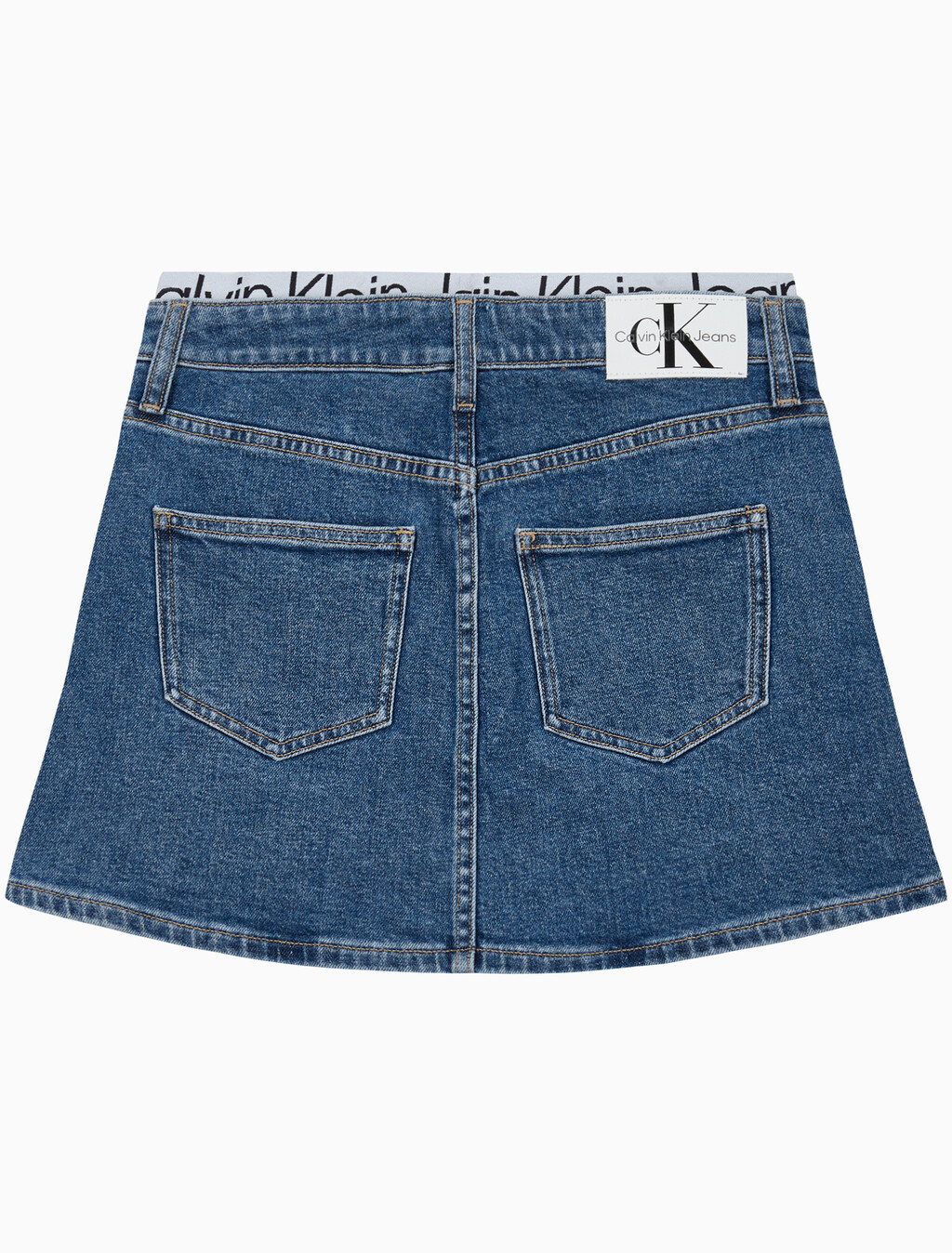 Buy 여성 로우 라이즈 A라인 데님 스커트 in color MID BLUE BACK EMBRO