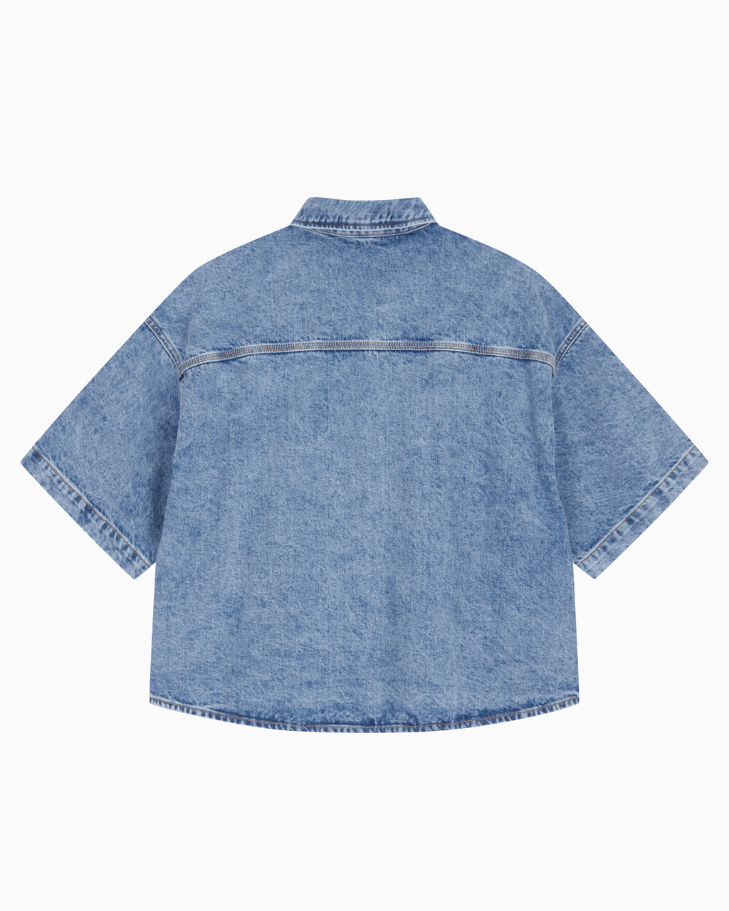 Buy 남성 오버사이즈핏 빈티지 데님 반팔 셔츠 in color MID BLUE BACK EMBRO