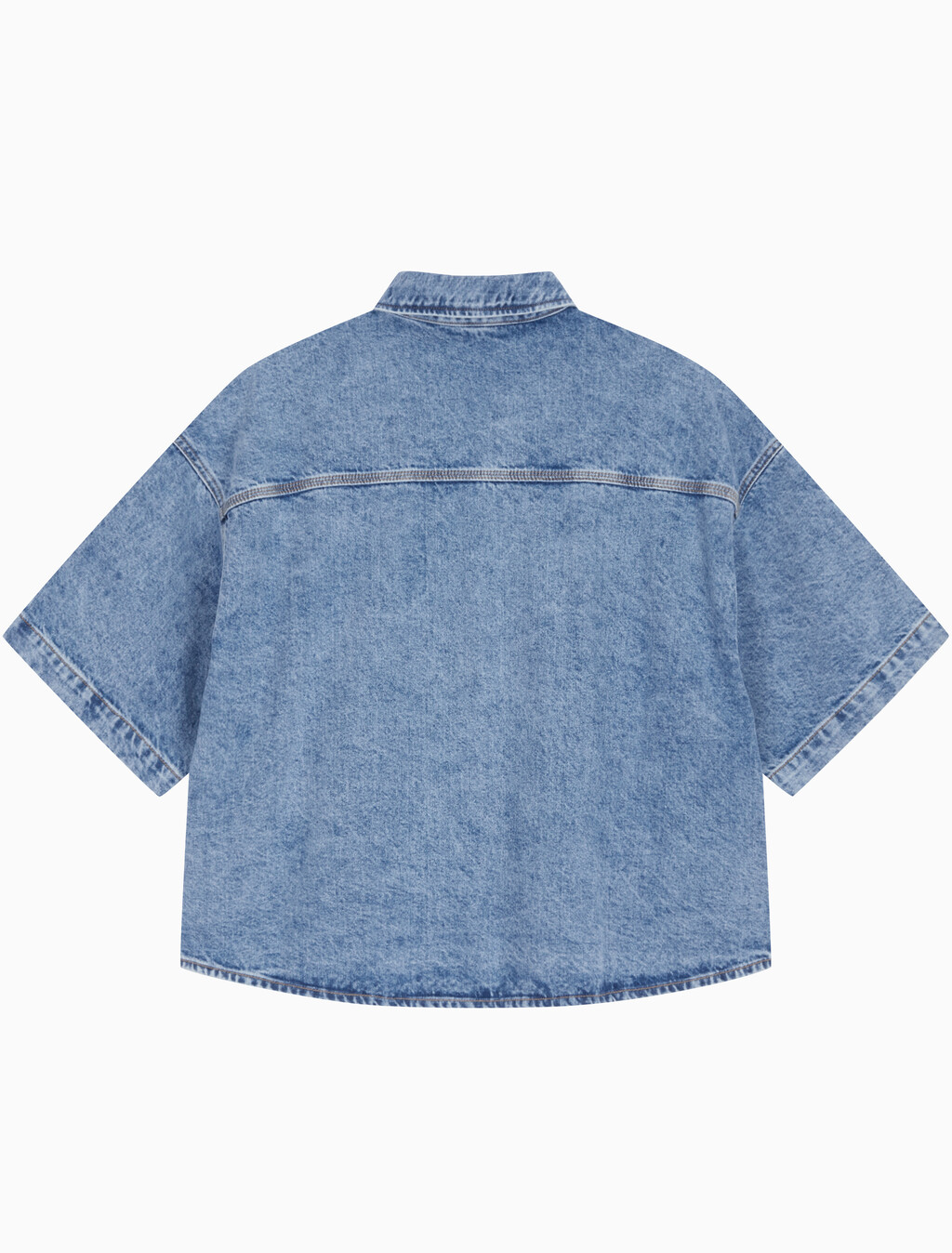 Buy 남성 오버사이즈핏 빈티지 데님 반팔 셔츠 in color MID BLUE BACK EMBRO