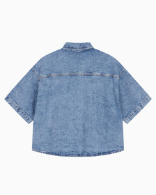 Buy 남성 오버사이즈핏 빈티지 데님 반팔 셔츠 in color MID BLUE BACK EMBRO